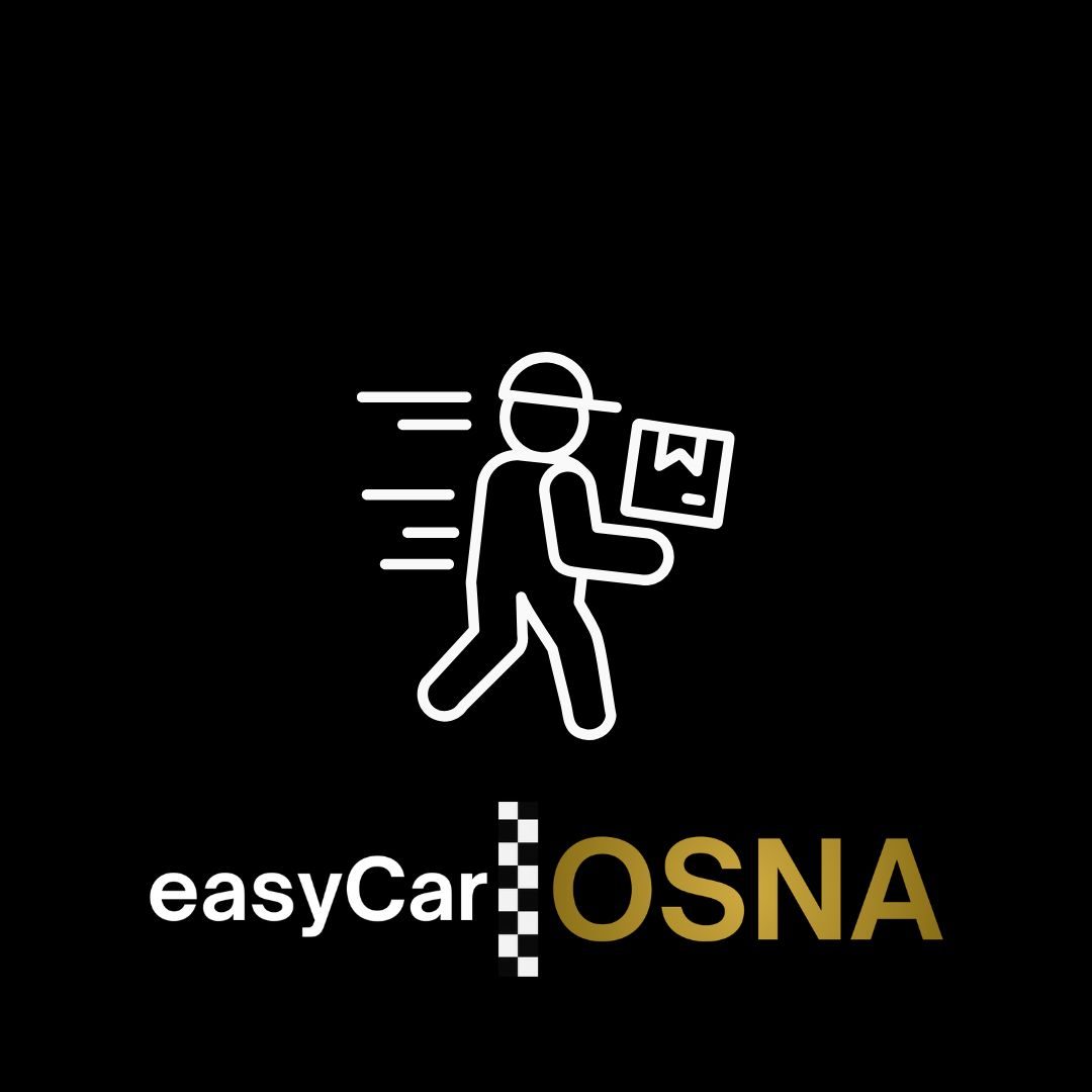 Kurierfahrten Osnabrück Symbol eines laufenden Kurierdienstmitarbeiters mit Paket und dem Text "easyCar OSNA".